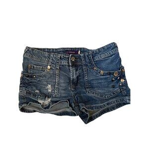 Vigoss Women's Denim Jean Shorts Distressed Detailing & Skull Buttons Size S Y2K